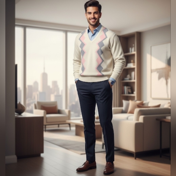 Burberry Vintage Lambswool V-Neck Cream Sweater Pink Grey Detail SIze XL - Picture 3 of 12